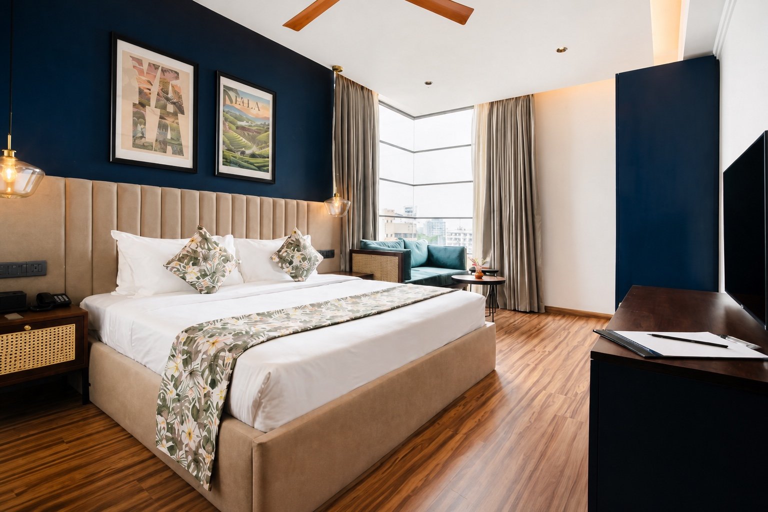 Superior King Room with king bed, blue feature walls and city-view seating at MK Colombo